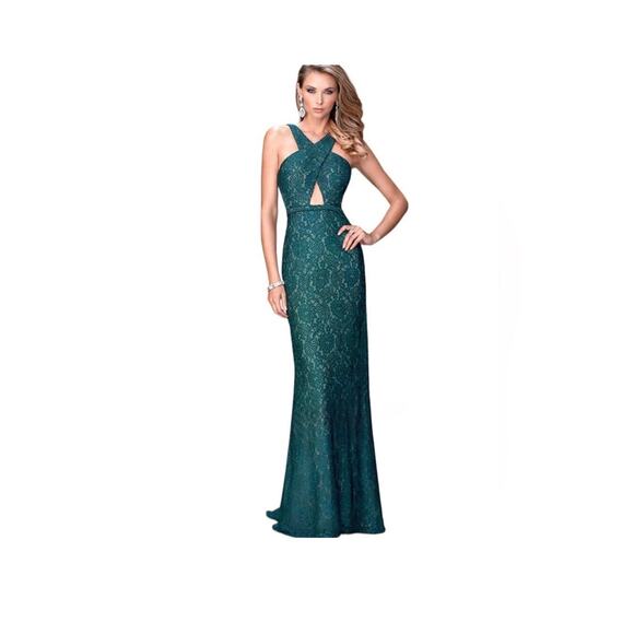 La Femme Keyhole Cut Out Green Lace Gown Size 6 Style #22614 - Picture 1 of 13